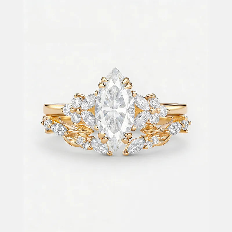 Garden Series - 1-2 Carat Marquise Moissanite Stack Wedding Ring Set | S925 Silver With Gold Plated