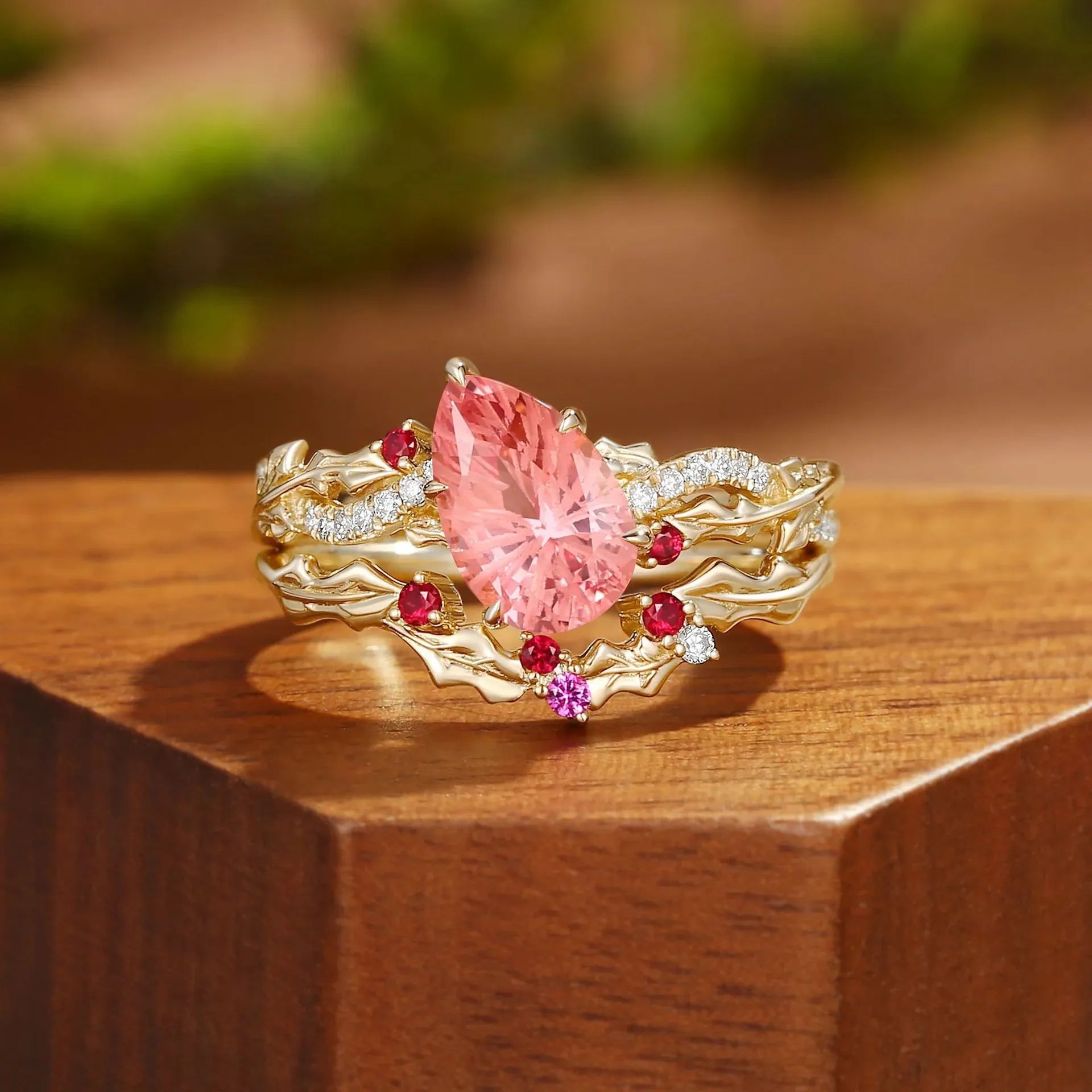 Lab Grown Padparadscha Pear Shape Stackable Ring Set| S925 Sterling Silver 18K Gold Plated
