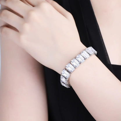 S925 Silver White Sparkling Zircon Emerald Cut Bracelet A