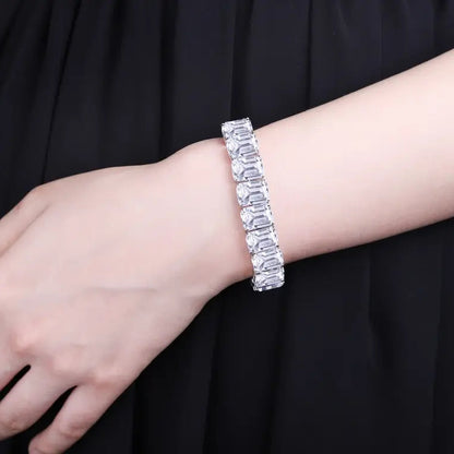 S925 Silver White Sparkling Zircon Emerald Cut Bracelet A