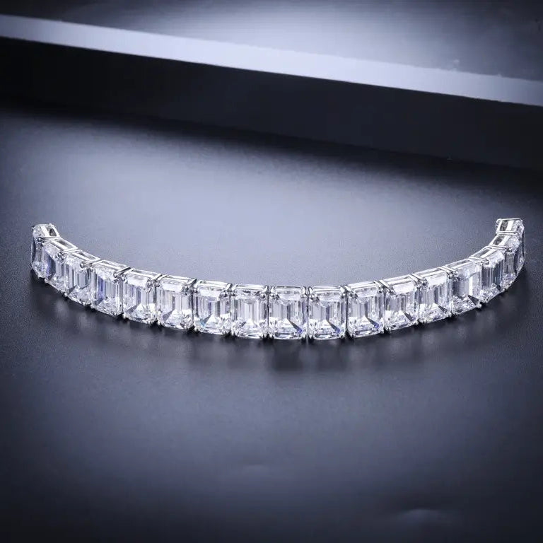 S925 Silver White Sparkling Zircon Emerald Cut Bracelet A