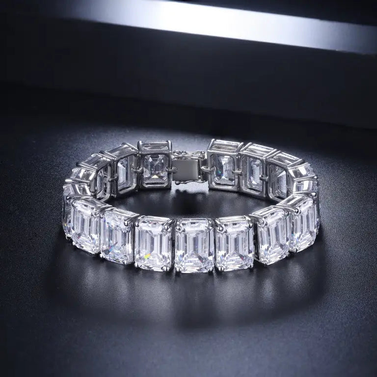 S925 Silver White Sparkling Zircon Emerald Cut Bracelet A