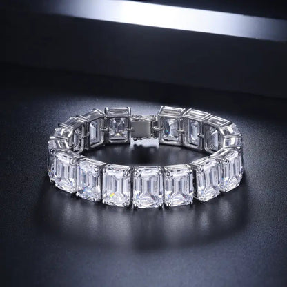 S925 Silver White Sparkling Zircon Emerald Cut Bracelet A