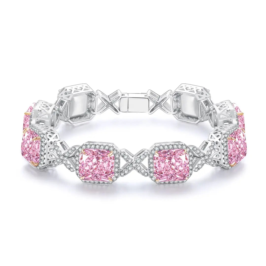 S925 Silver 32.0ct Pink Radiant Cut Sparkling Diamond Zircon Bracelet A
