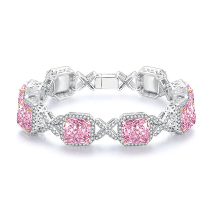 S925 Silver 32.0ct Pink Radiant Cut Sparkling Diamond Zircon Bracelet A