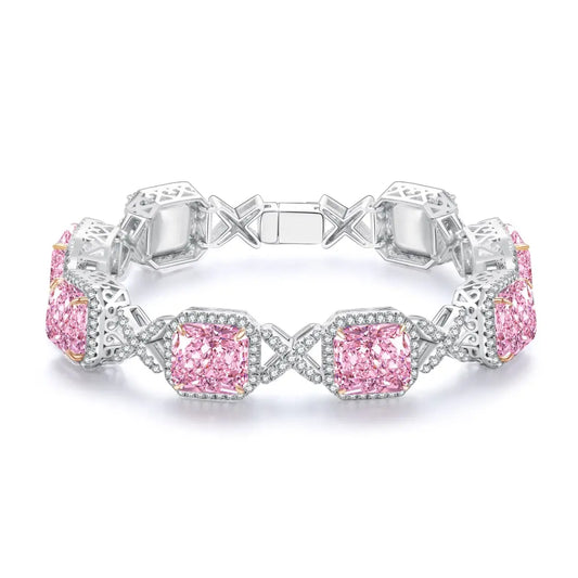 S925 Silver 32.0ct Pink Radiant Cut Sparkling Diamond Zircon Bracelet A