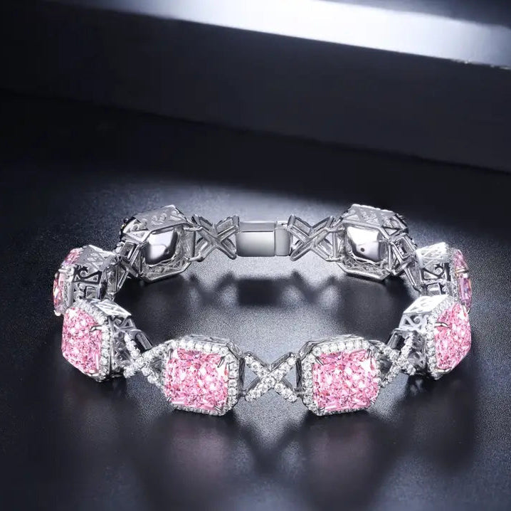 S925 Silver 32.0ct Pink Radiant Cut Sparkling Diamond Zircon Bracelet A