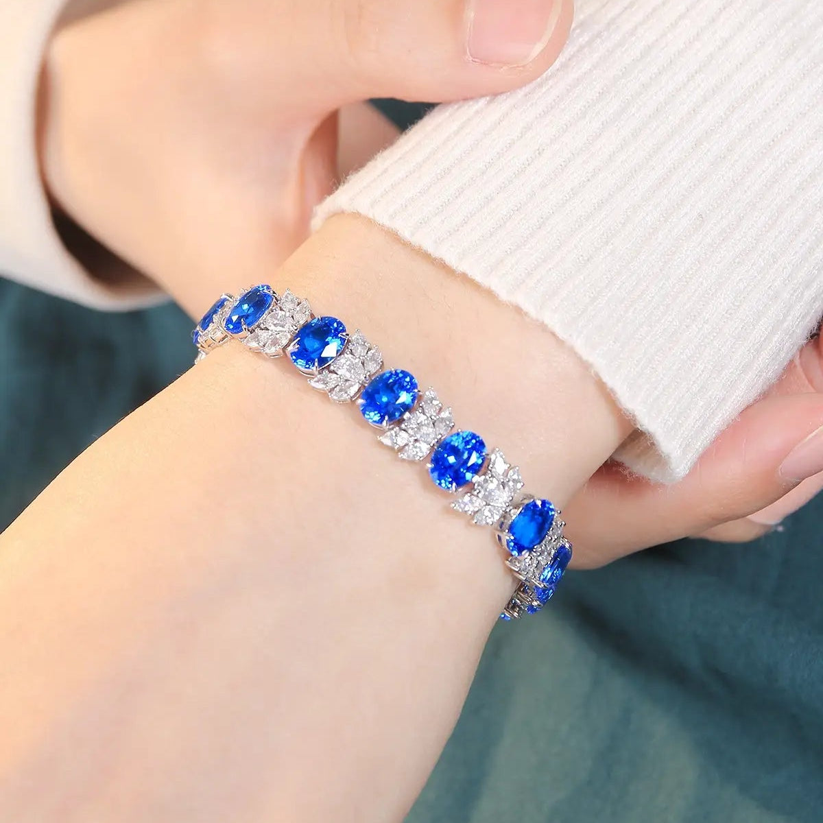 S925 silver 20.23ct Lab Grown Cobalt Pointed Crystal Bracelet W JL193Y