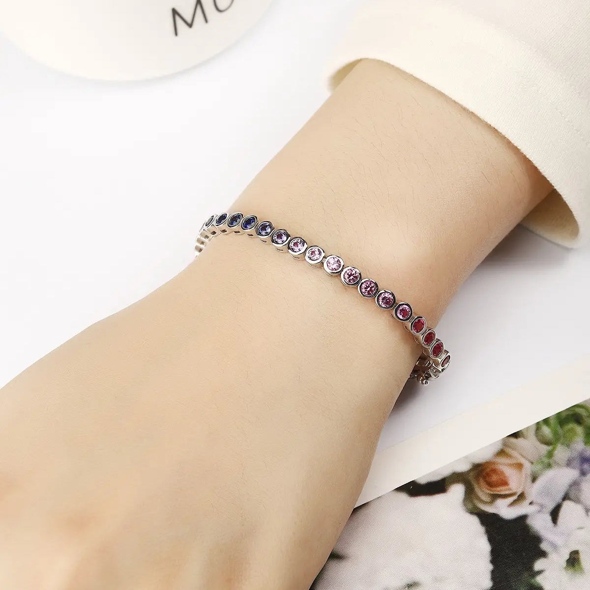 S925 Silver 5.55ct Round Cultivated Colored Sapphire Bracelet B20334
