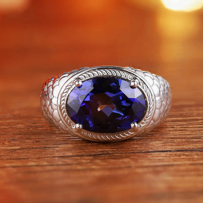 S925 Silver  7.96ct  Oval Shape Cultivation Blue Treasure Male Ring A