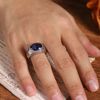 S925 Silver  7.96ct  Oval Shape Cultivation Blue Treasure Male Ring A