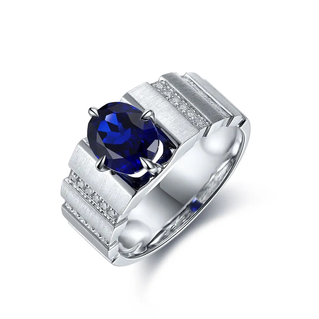 S925 Silver 2.47ct Oval Shape Lab Grown Blue Treasure Male Ring A JSABR023Y