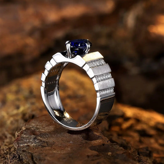 S925 Silver 2.47ct Oval Shape Lab Grown Blue Treasure Male Ring A JSABR023Y