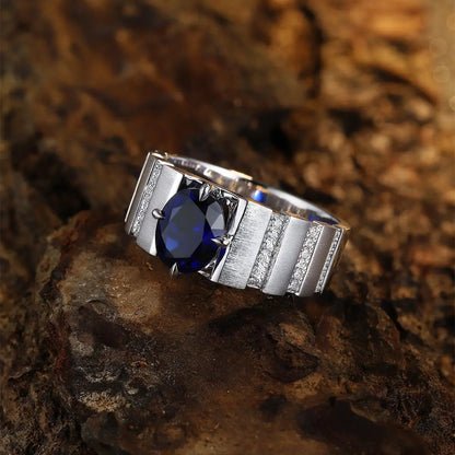 S925 Silver 2.47ct Oval Shape Lab Grown Blue Treasure Male Ring A JSABR023Y