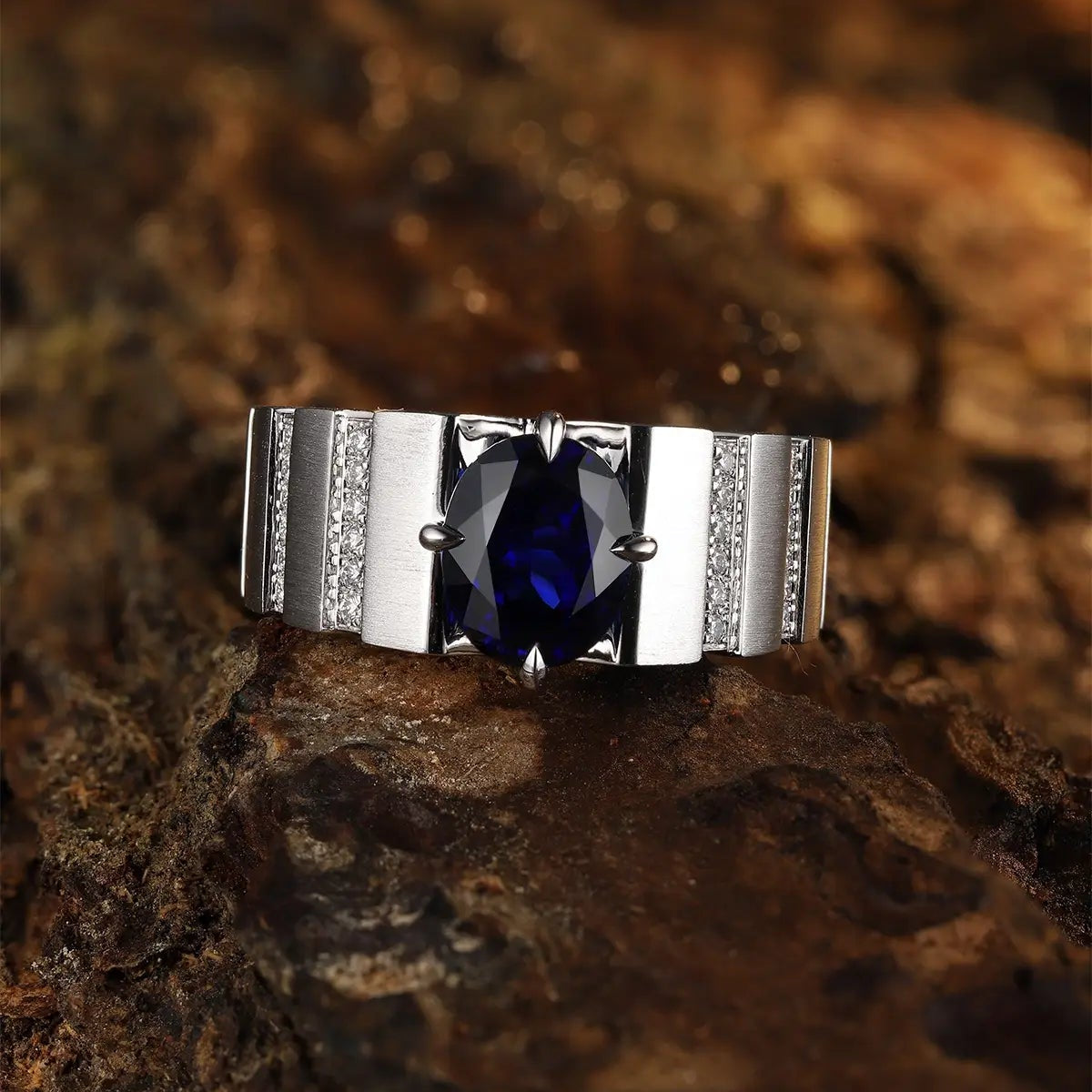 S925 Silver 2.47ct Oval Shape Lab Grown Blue Treasure Male Ring A JSABR023Y