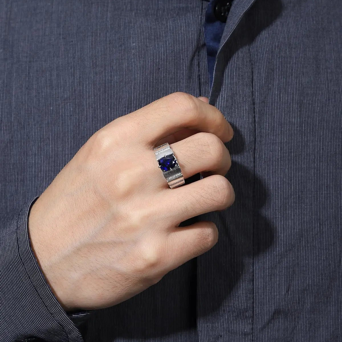 S925 Silver 2.47ct Oval Shape Lab Grown Blue Treasure Male Ring A JSABR023Y
