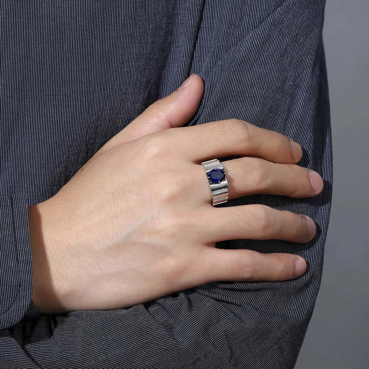 S925 Silver 2.47ct Oval Shape Lab Grown Blue Treasure Male Ring A JSABR023Y