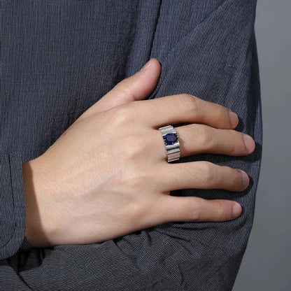 S925 Silver 2.47ct Oval Shape Lab Grown Blue Treasure Male Ring A JSABR023Y