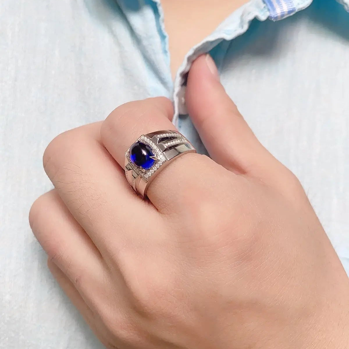 S925 Silver 2.86ct Lab Grown Blue Treasure Male Ring A JSABR936Y