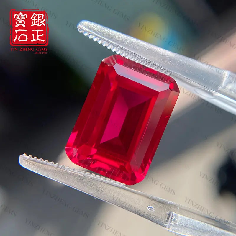 Flame Melted Emerald Cut Lab Grown Ruby