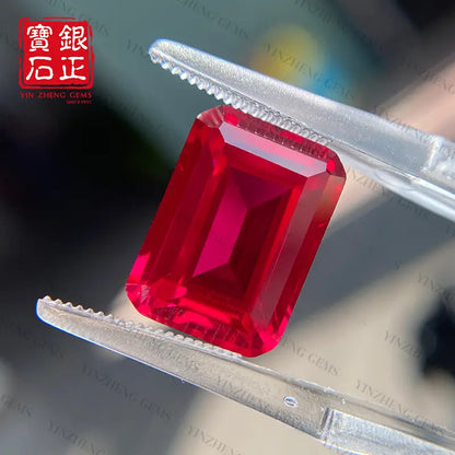 Flame Melted Emerald Cut Lab Grown Ruby