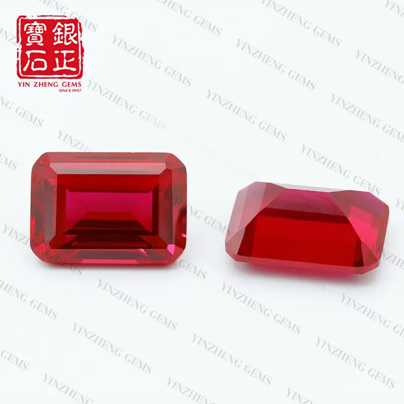 Flame Melted Emerald Cut Lab Grown Ruby