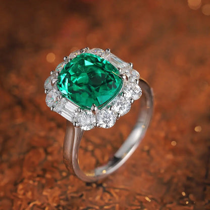 S925 silver 3.27ct Cushion Shape Lab Grown Emerald Ring