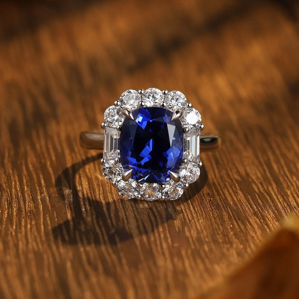 S925 Silver 5.06ct Cushion Shape Lab Grown Sapphire Ring