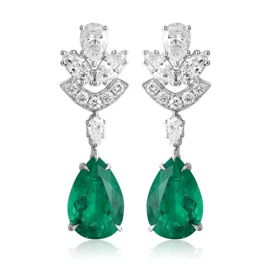 PT950 Cultured Diamond Cultured Emerald 5ct Pear Shape Stud Earrings