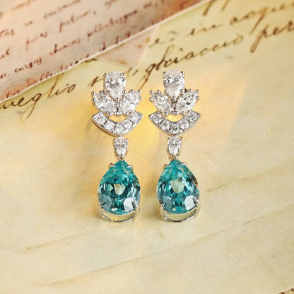 PT950 Cultured Diamond & Lab Grown Paraiba 11ct Pear Shape Earrings