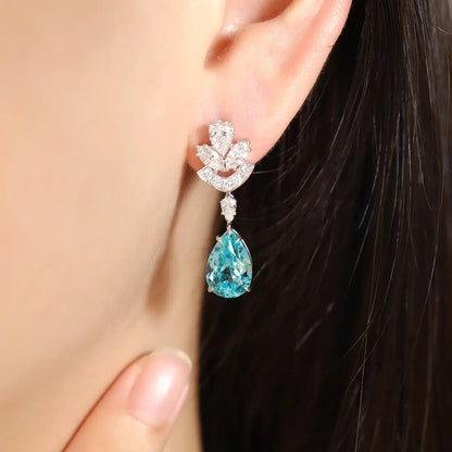 PT950 Cultured Diamond & Lab Grown Paraiba 11ct Pear Shape Earrings