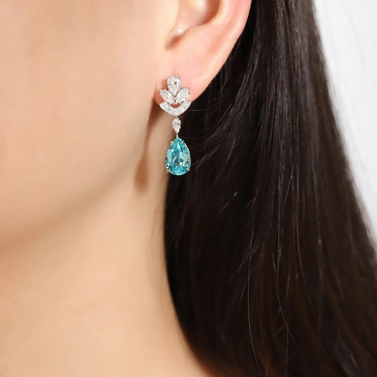 PT950 Cultured Diamond & Lab Grown Paraiba 11ct Pear Shape Earrings