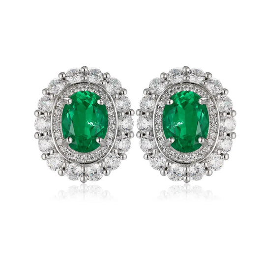 PT950 Lab Grown Diamond & Lab Grown Emerald 2ct Oval Shape Earrings