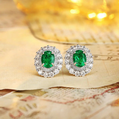 PT950 Lab Grown Diamond & Lab Grown Emerald 2ct Oval Shape Earrings