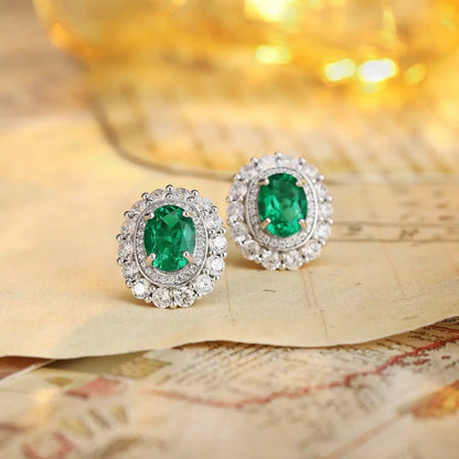 PT950 Lab Grown Diamond & Lab Grown Emerald 2ct Oval Shape Earrings