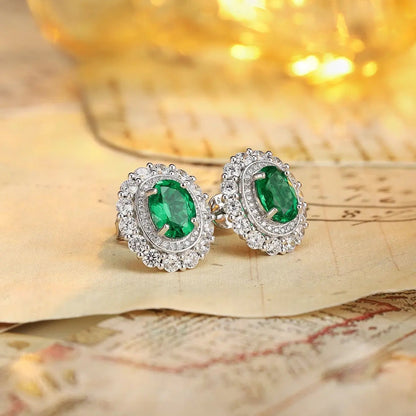 PT950 Lab Grown Diamond & Lab Grown Emerald 2ct Oval Shape Earrings