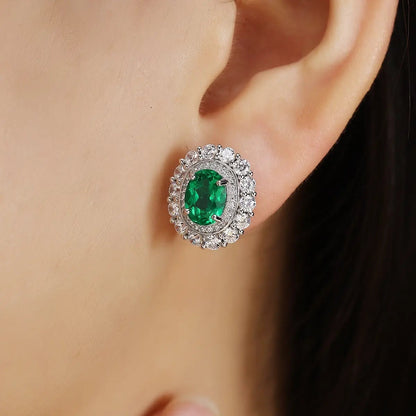 PT950 Lab Grown Diamond & Lab Grown Emerald 2ct Oval Shape Earrings