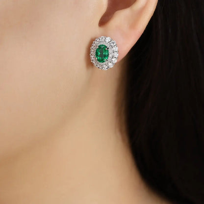 PT950 Lab Grown Diamond & Lab Grown Emerald 2ct Oval Shape Earrings