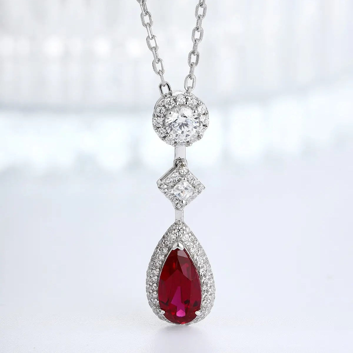 PT950 Lab Grown Diamond & Lab Grown Red Ruby 7ct Pear Shape Necklace