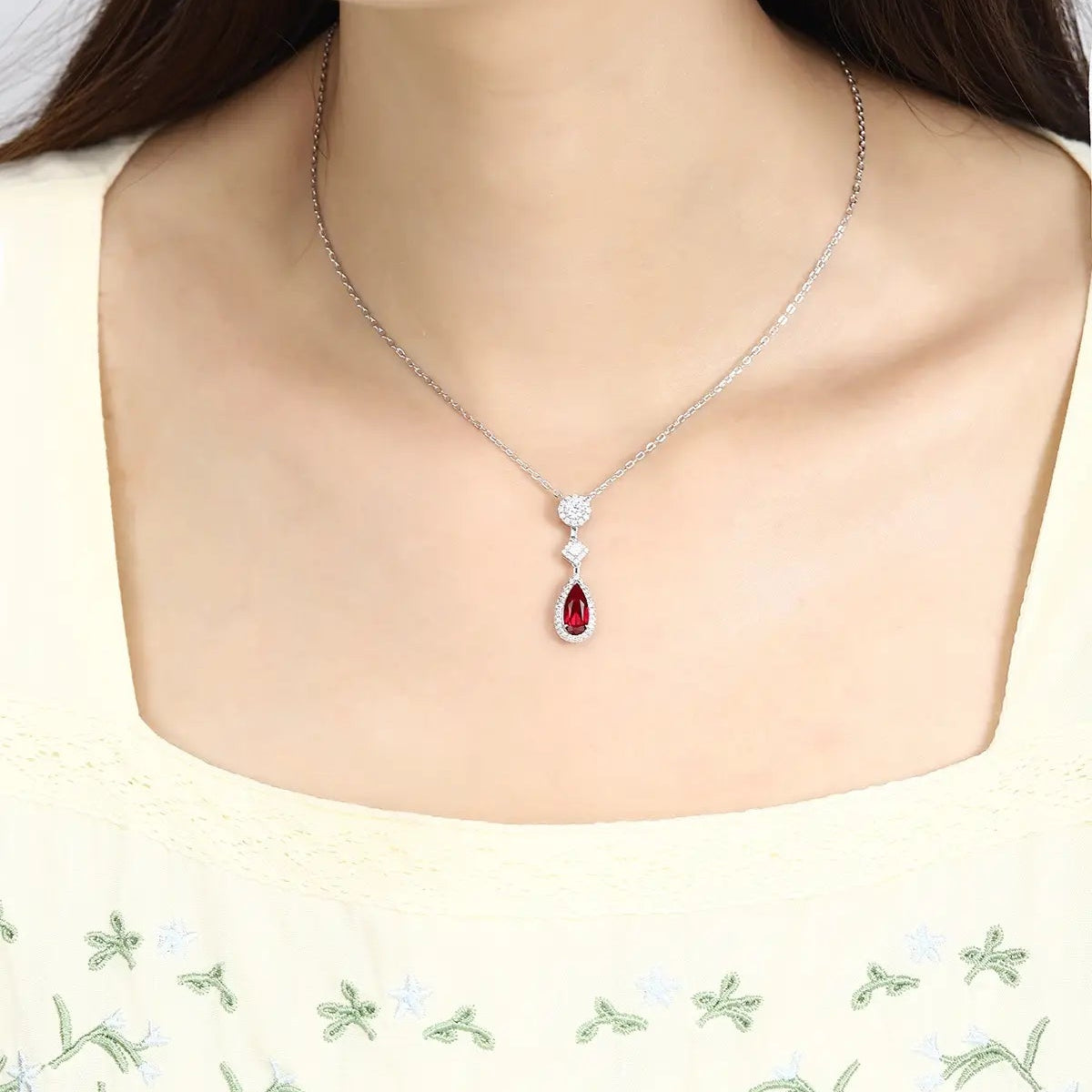 PT950 Lab Grown Diamond & Lab Grown Red Ruby 7ct Pear Shape Necklace