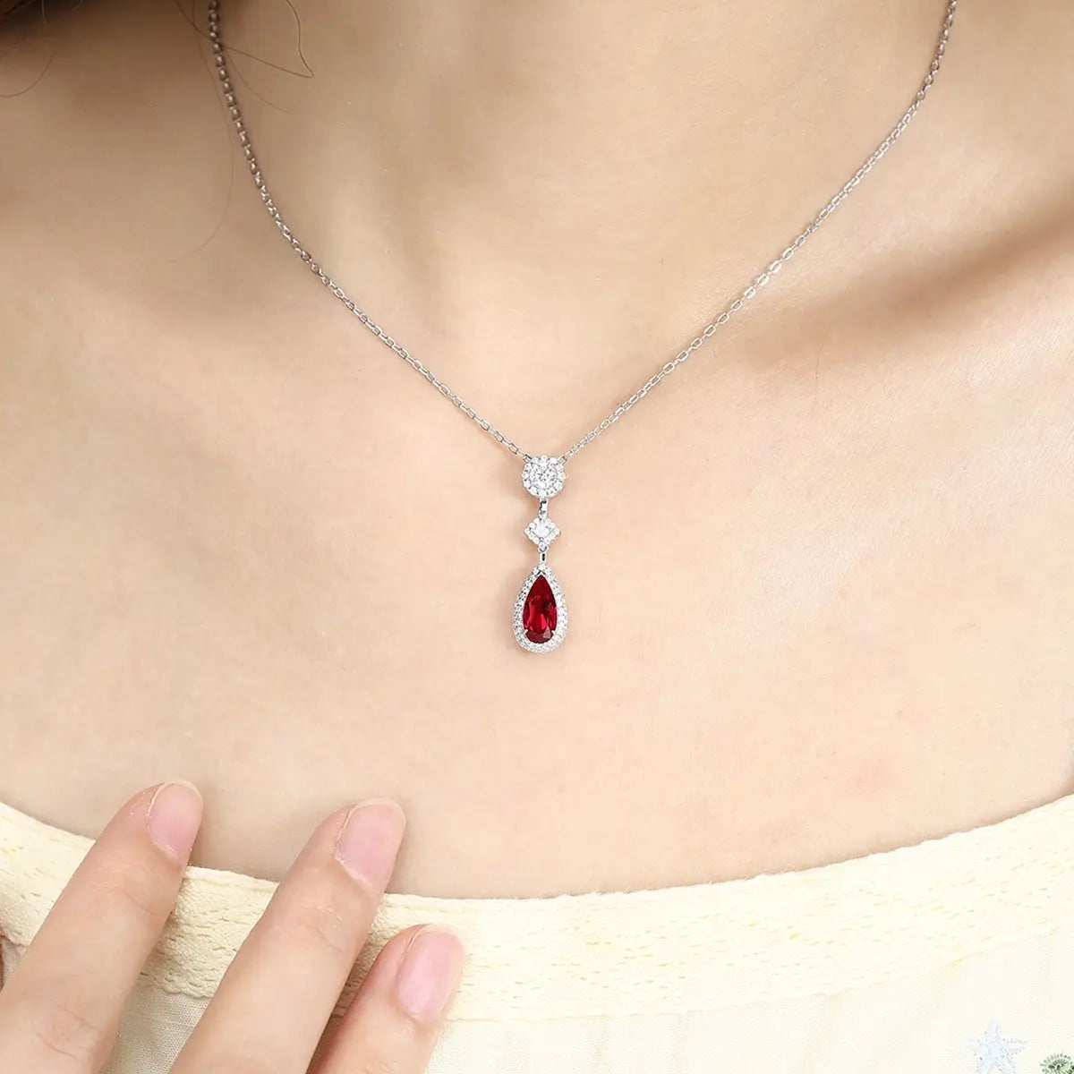 PT950 Lab Grown Diamond & Lab Grown Red Ruby 7ct Pear Shape Necklace