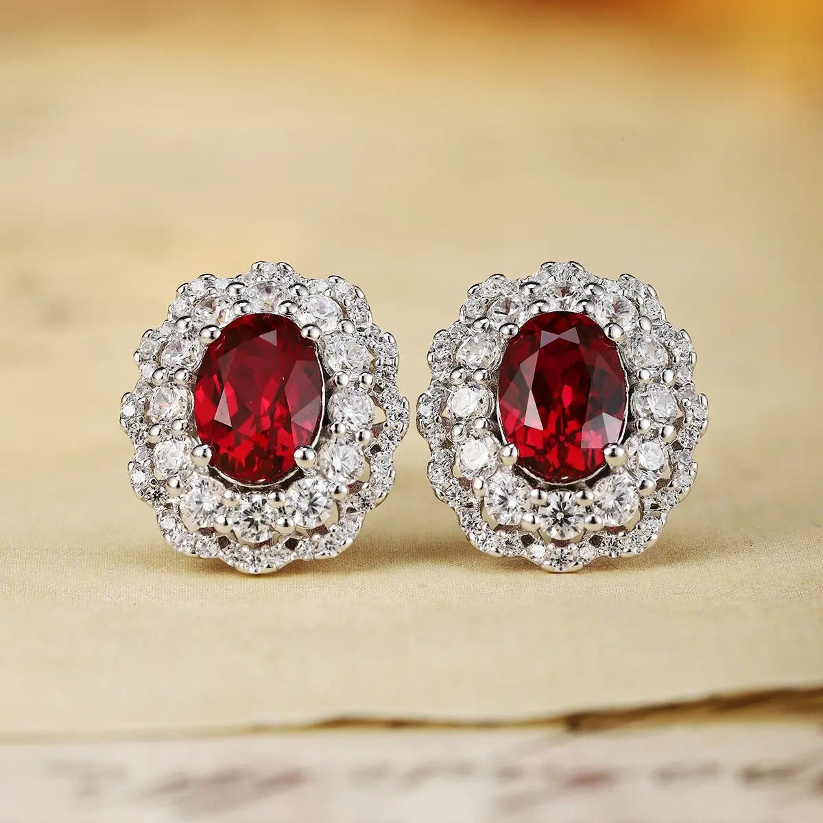 PT950 Lab Grown Diamond & Cultivated Ruby 2ct Oval Shape Earring