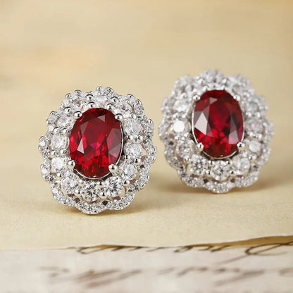 PT950 Lab Grown Diamond & Cultivated Ruby 2ct Oval Shape Earring