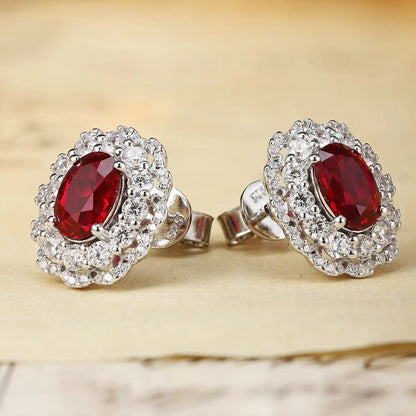 PT950 Lab Grown Diamond & Cultivated Ruby 2ct Oval Shape Earring