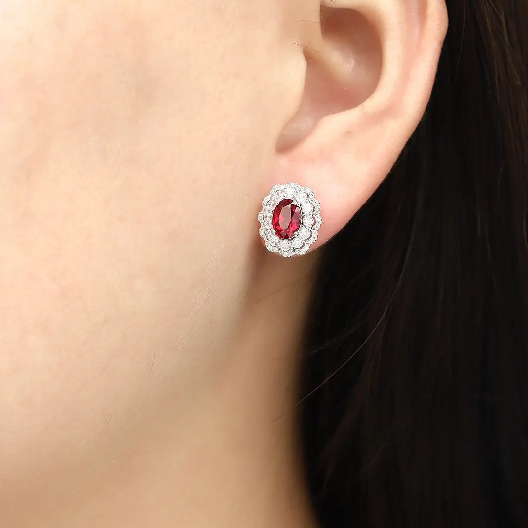 PT950 Lab Grown Diamond & Cultivated Ruby 2ct Oval Shape Earring
