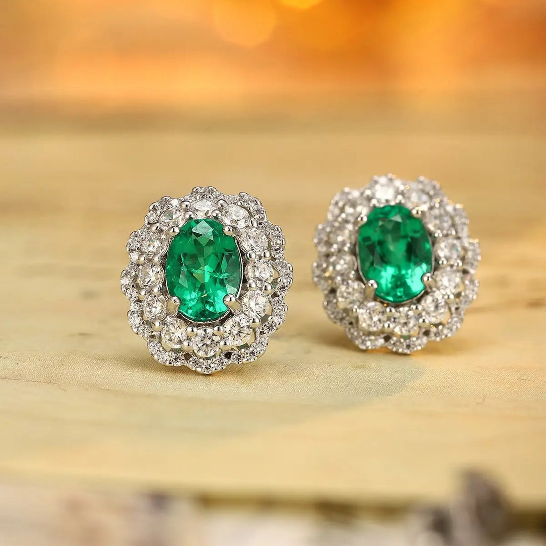 PT950 Lab Grown Diamond & Lab Grown Emerald 1ct Oval Shape Earrings