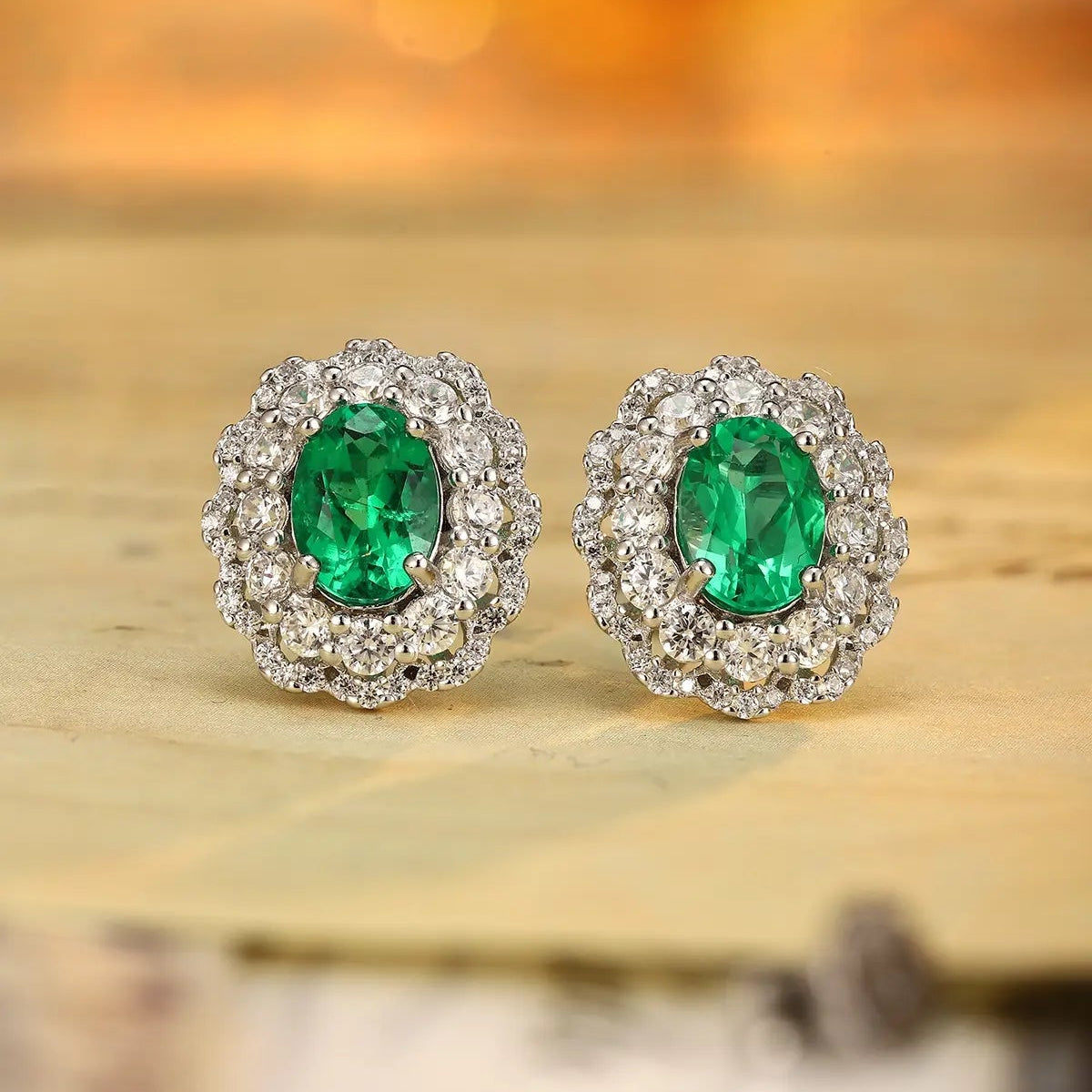 PT950 Lab Grown Diamond & Lab Grown Emerald 1ct Oval Shape Earrings