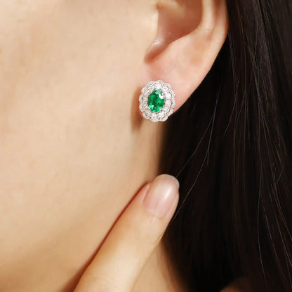 PT950 Lab Grown Diamond & Lab Grown Emerald 1ct Oval Shape Earrings