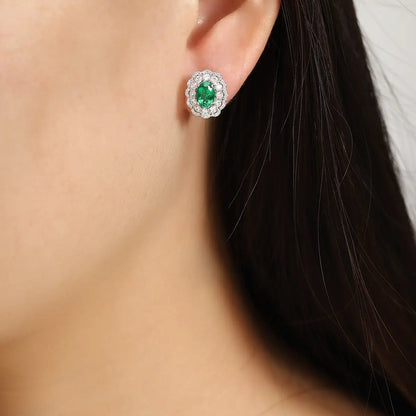 PT950 Lab Grown Diamond & Lab Grown Emerald 1ct Oval Shape Earrings