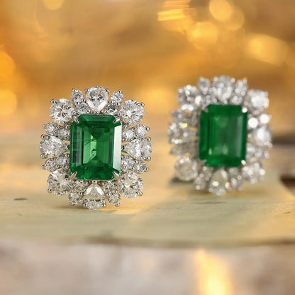 PT950 Lab Grown Diamond & Lab Grown Emerald 4ct Emerald Cut Earrings